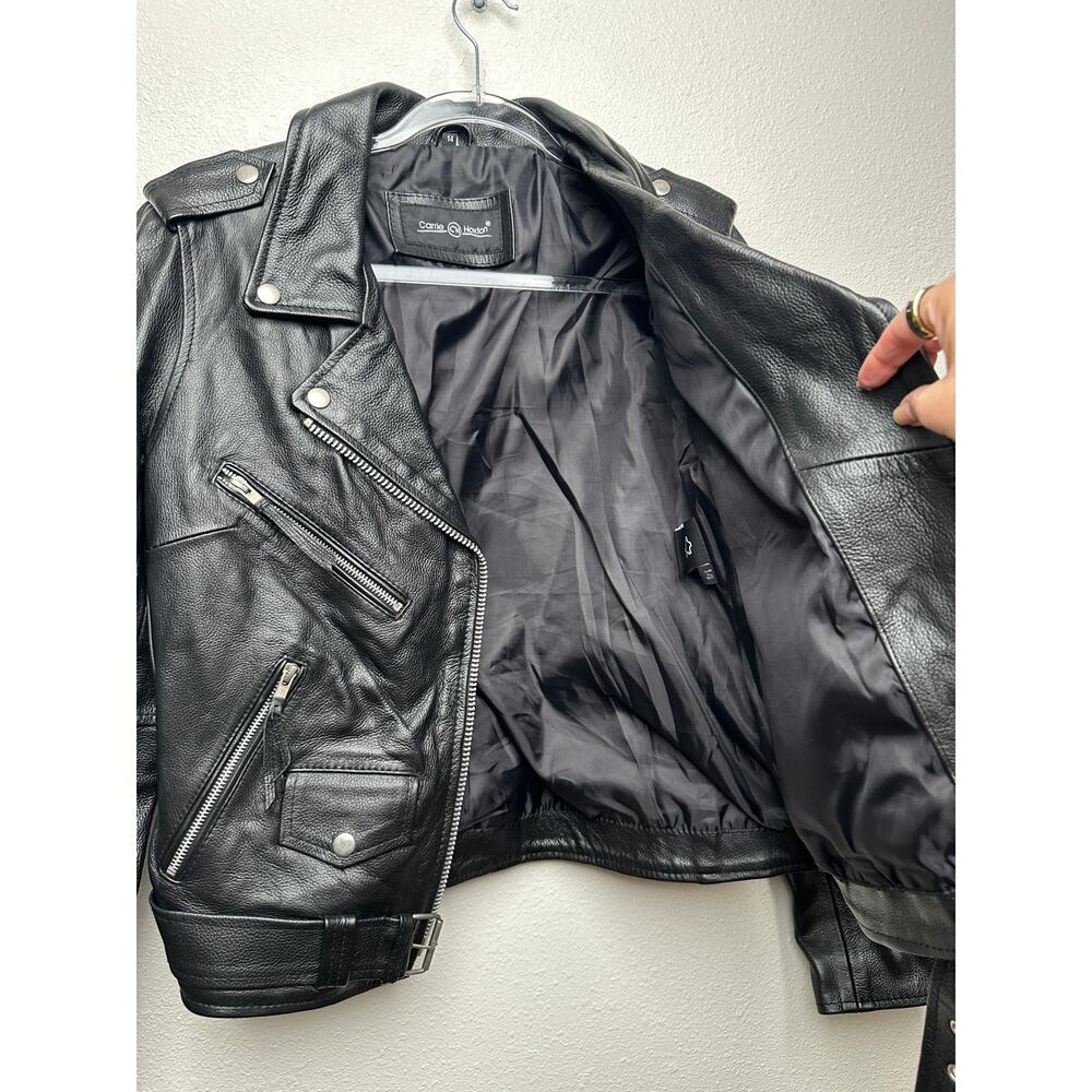 Carrie Hoxton Black Leather Moto Biker Jacket Women’s 14 Belted Zip - Picture 5 of 15